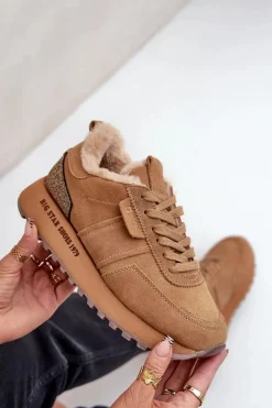 Zamszowe Sneakersy Damskie Z Futerkiem I Błyszczącym Elementem Big Star OO274578 Hi-Poly System Camel