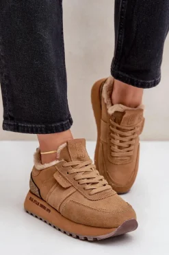 Zamszowe Sneakersy Damskie Z Futerkiem I Błyszczącym Elementem Big Star OO274578 Hi-Poly System Camel