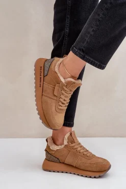 Zamszowe Sneakersy Damskie Z Futerkiem I Błyszczącym Elementem Big Star OO274578 Hi-Poly System Camel