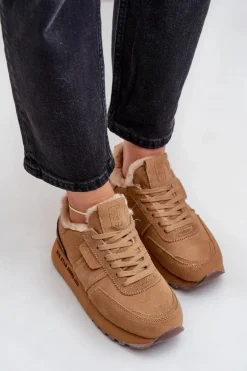 Zamszowe Sneakersy Damskie Z Futerkiem I Błyszczącym Elementem Big Star OO274578 Hi-Poly System Camel