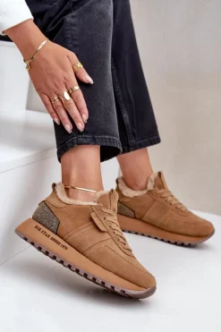 Zamszowe Sneakersy Damskie Z Futerkiem I Błyszczącym Elementem Big Star OO274578 Hi-Poly System Camel