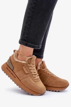 Zamszowe Sneakersy Damskie Z Futerkiem I Błyszczącym Elementem Big Star OO274578 Hi-Poly System Camel