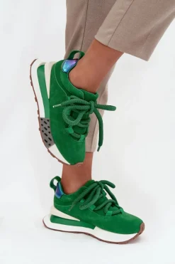 Zamszowe Sneakersy Damskie Na Platformie Z Grubym Sznurowaniem Artiker 55C0136 Zielone