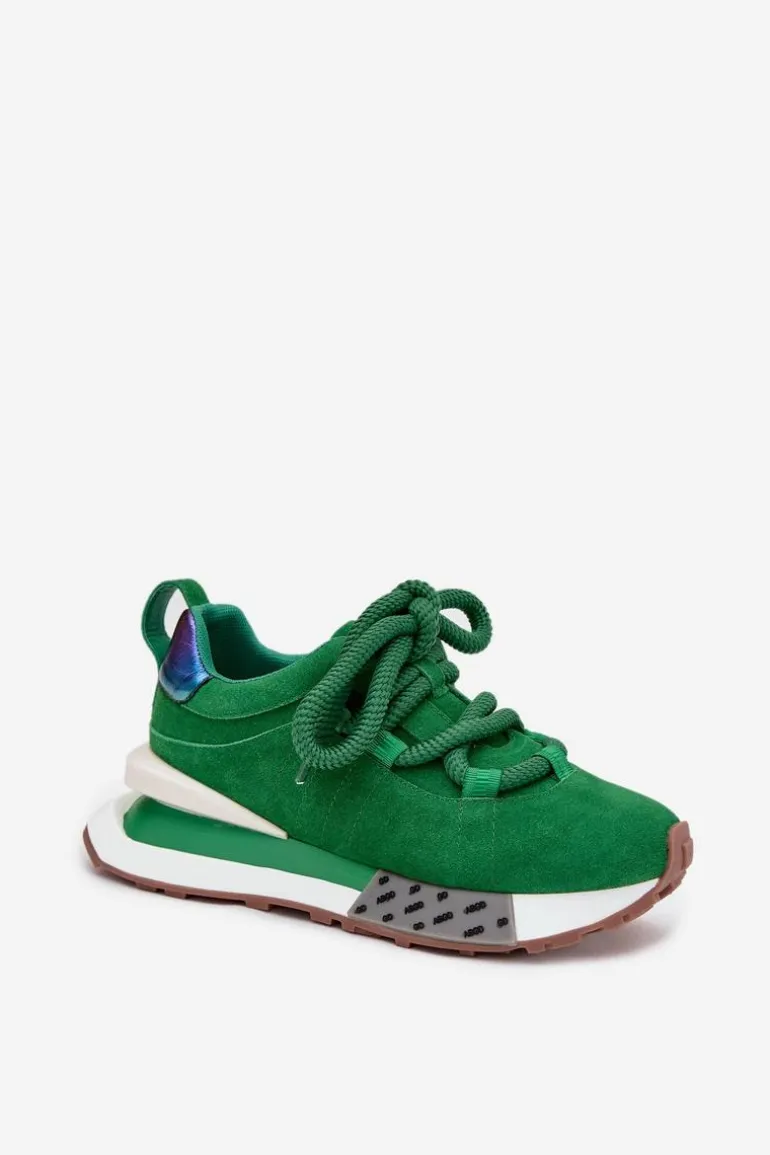 Zamszowe Sneakersy Damskie Na Platformie Z Grubym Sznurowaniem Artiker 55C0136 Zielone