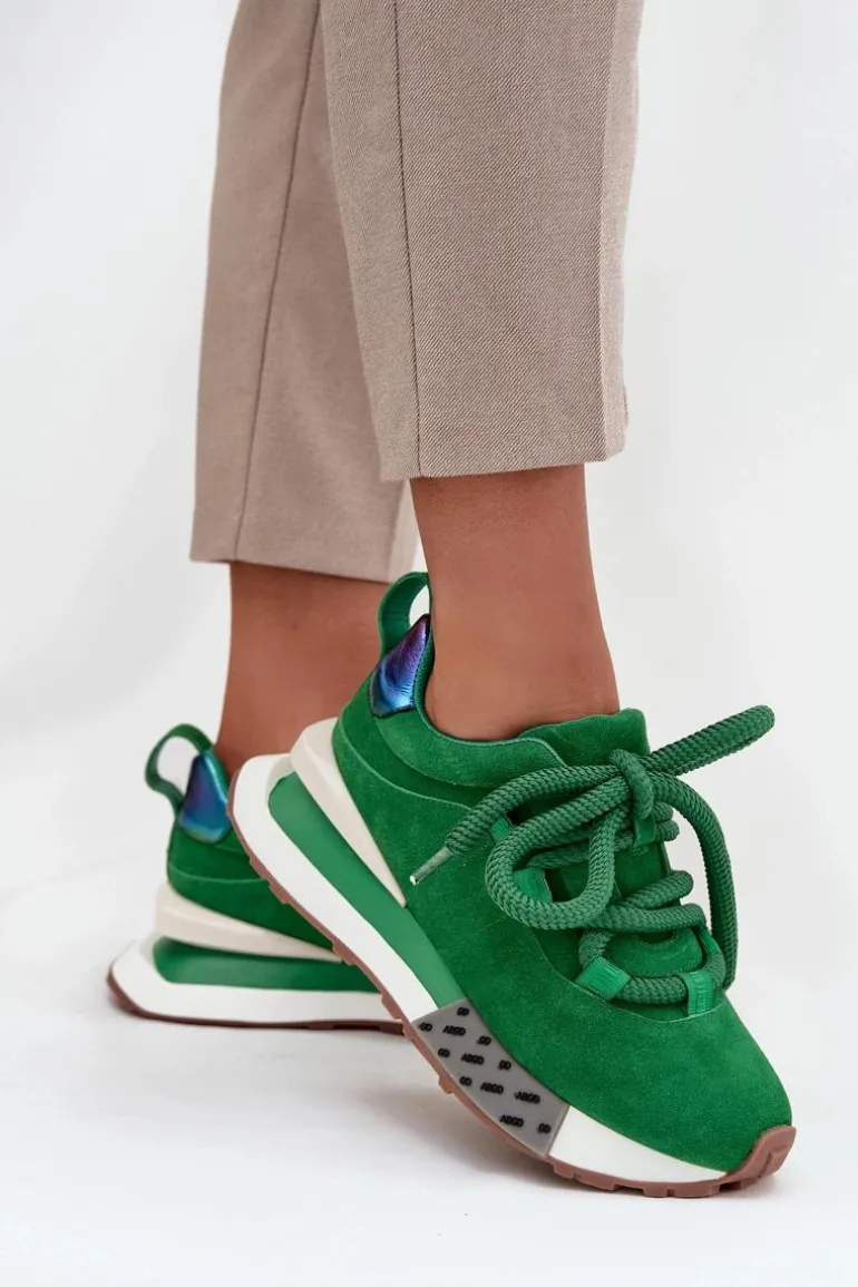 Zamszowe Sneakersy Damskie Na Platformie Z Grubym Sznurowaniem Artiker 55C0136 Zielone