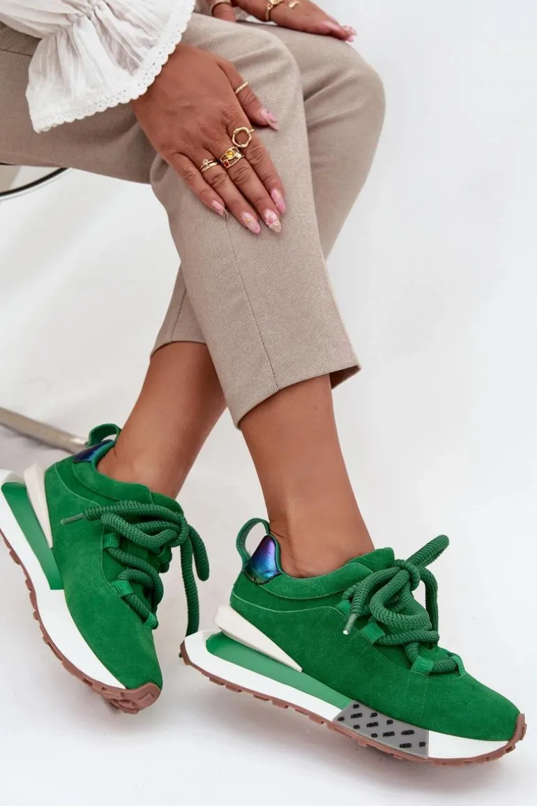 Zamszowe Sneakersy Damskie Na Platformie Z Grubym Sznurowaniem Artiker 55C0136 Zielone