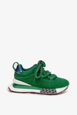 Zamszowe Sneakersy Damskie Na Platformie Z Grubym Sznurowaniem Artiker 55C0136 Zielone