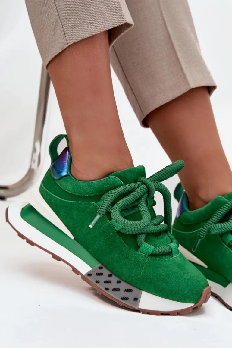 Zamszowe Sneakersy Damskie Na Platformie Z Grubym Sznurowaniem Artiker 55C0136 Zielone