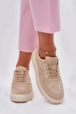 Zamszowe Sneakersy Damskie Na Platformie Beżowe Rilwena