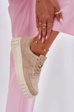 Zamszowe Sneakersy Damskie Na Platformie Beżowe Rilwena