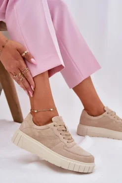 Zamszowe Sneakersy Damskie Na Platformie Beżowe Rilwena
