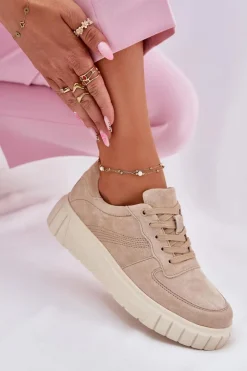 Zamszowe Sneakersy Damskie Na Platformie Beżowe Rilwena