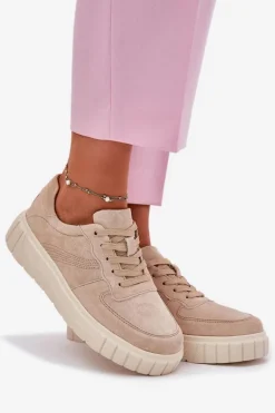 Zamszowe Sneakersy Damskie Na Platformie Beżowe Rilwena
