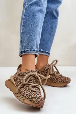 Zamszowe Sneakersy Damskie Na Platformie Z Grubym Sznurowaniem Panterka Artiker 55C0135 Brązowe