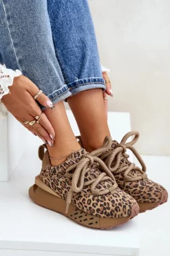 Zamszowe Sneakersy Damskie Na Platformie Z Grubym Sznurowaniem Panterka Artiker 55C0135 Brązowe