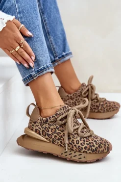 Zamszowe Sneakersy Damskie Na Platformie Z Grubym Sznurowaniem Panterka Artiker 55C0135 Brązowe