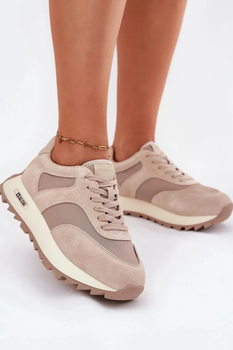Zamszowe Sneakersy Na Platformie Damskie Big Star RR274897 HI-POLY SYSTEM Beżowe
