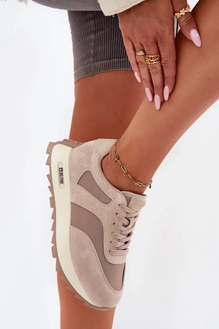 Zamszowe Sneakersy Na Platformie Damskie Big Star RR274897 HI-POLY SYSTEM Beżowe