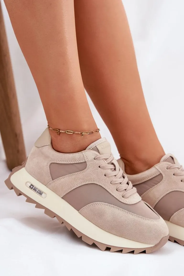 Zamszowe Sneakersy Na Platformie Damskie Big Star RR274897 HI-POLY SYSTEM Beżowe