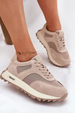 Zamszowe Sneakersy Na Platformie Damskie Big Star RR274897 HI-POLY SYSTEM Beżowe