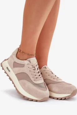 Zamszowe Sneakersy Na Platformie Damskie Big Star RR274897 HI-POLY SYSTEM Beżowe