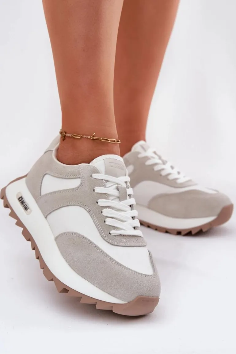 Zamszowe Sneakersy Na Platformie Damskie Big Star RR274896 HI-POLY SYSTEM Biało-Szare