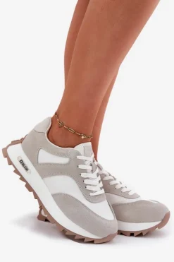 Zamszowe Sneakersy Na Platformie Damskie Big Star RR274896 HI-POLY SYSTEM Biało-Szare