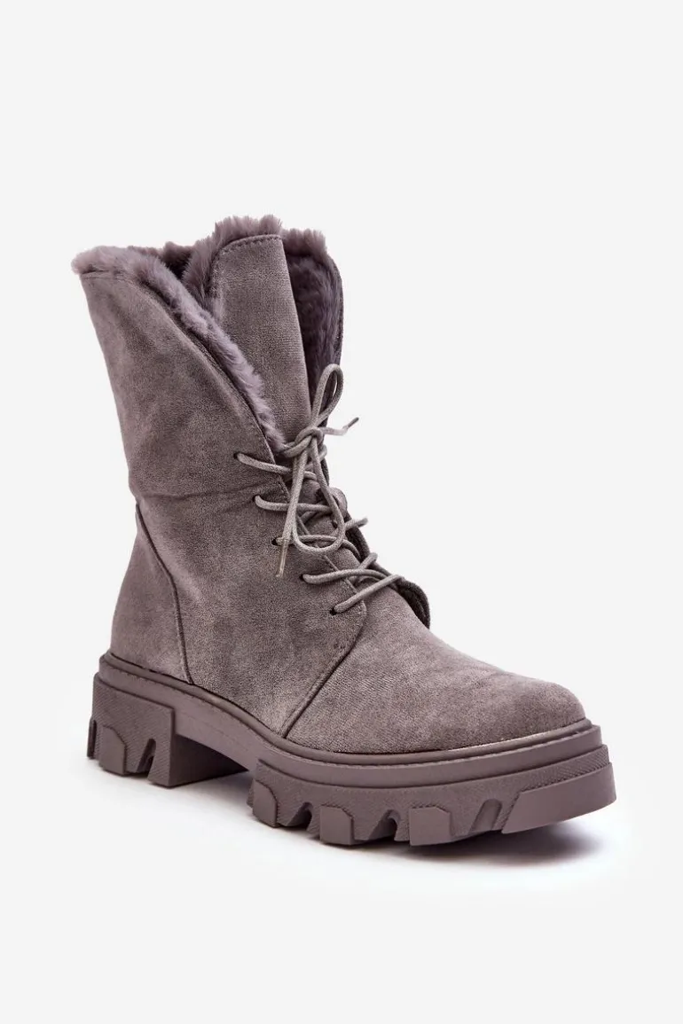 Zamszowe Sznurowane Botki Workery Z Futerkiem Szare Frendo