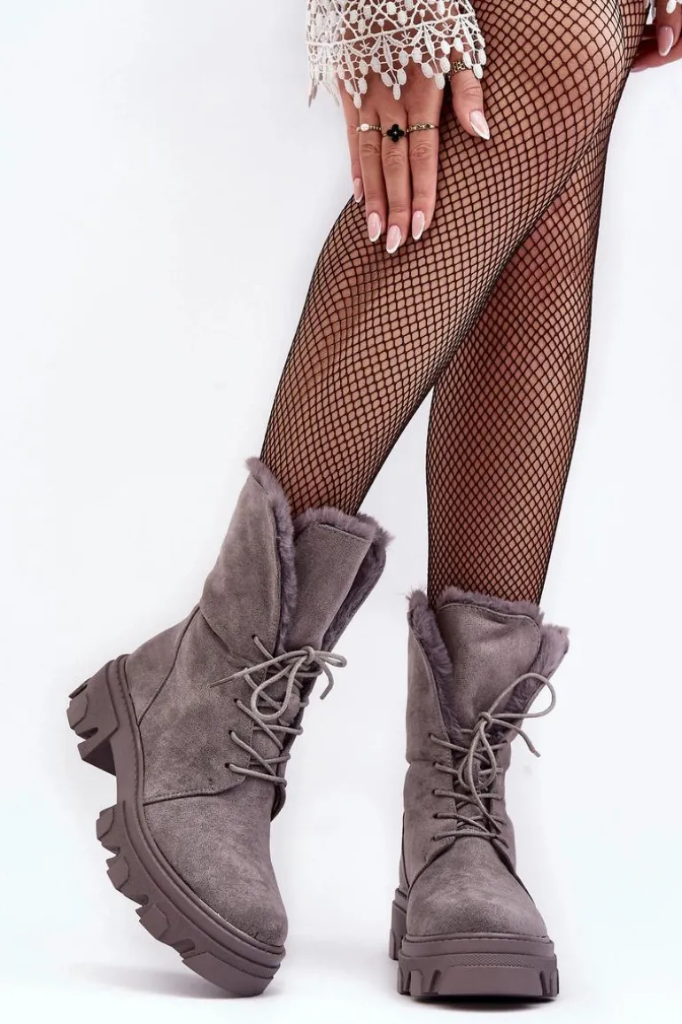 Zamszowe Sznurowane Botki Workery Z Futerkiem Szare Frendo