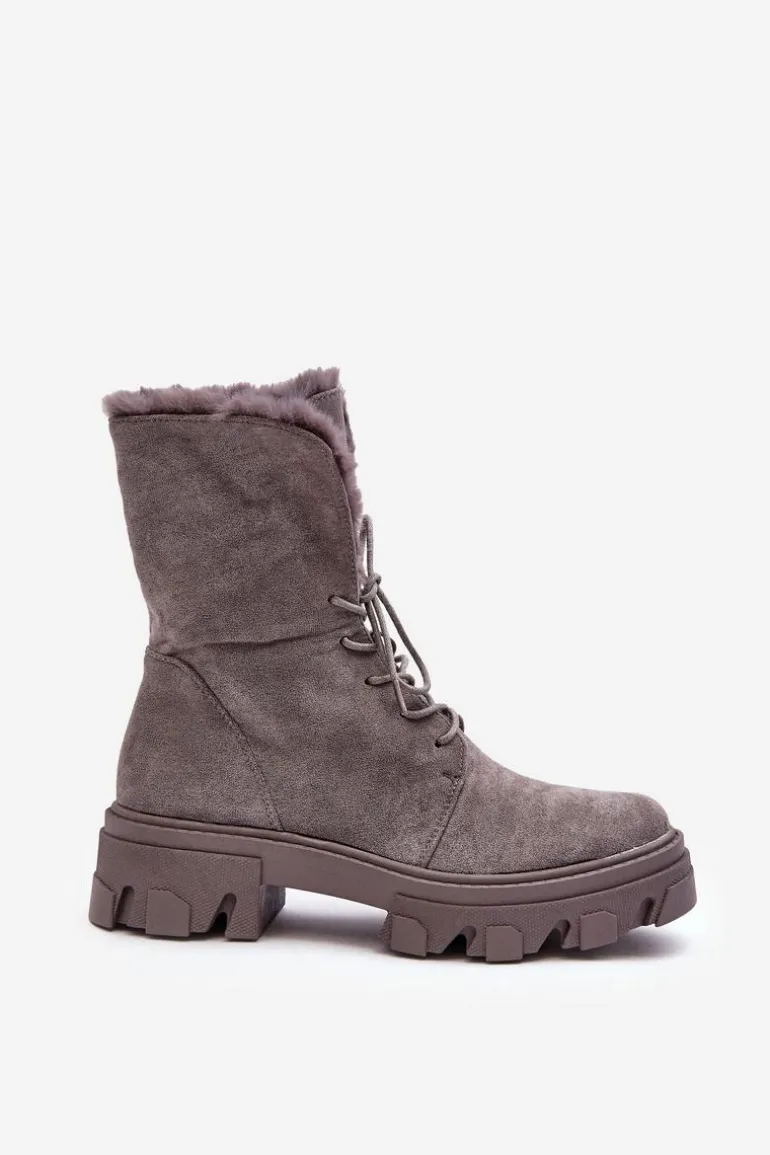 Zamszowe Sznurowane Botki Workery Z Futerkiem Szare Frendo