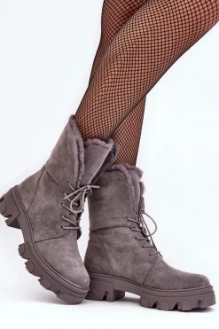 Zamszowe Sznurowane Botki Workery Z Futerkiem Szare Frendo