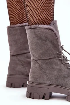 Zamszowe Sznurowane Botki Workery Z Futerkiem Szare Frendo