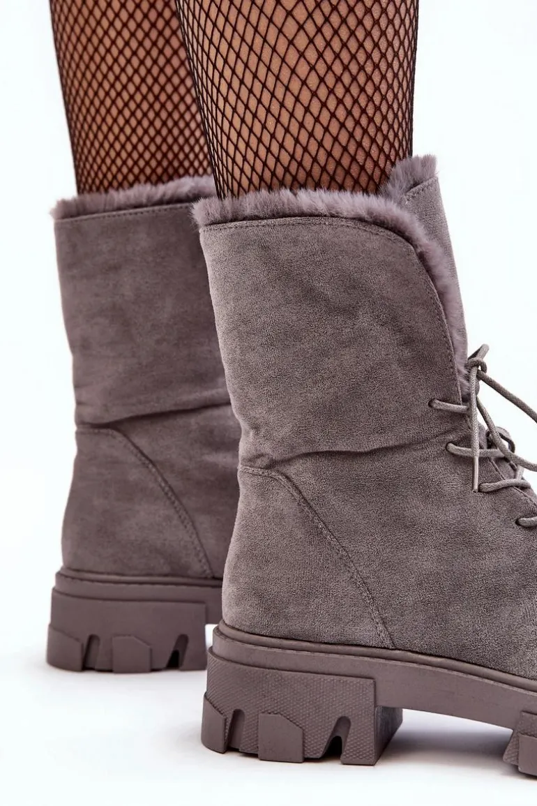 Zamszowe Sznurowane Botki Workery Z Futerkiem Szare Frendo