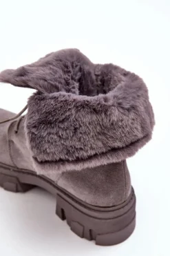 Zamszowe Sznurowane Botki Workery Z Futerkiem Szare Frendo
