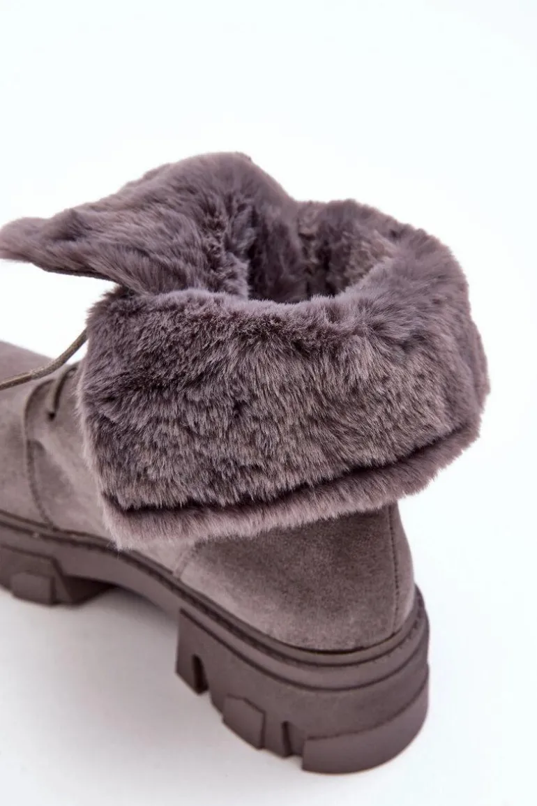 Zamszowe Sznurowane Botki Workery Z Futerkiem Szare Frendo