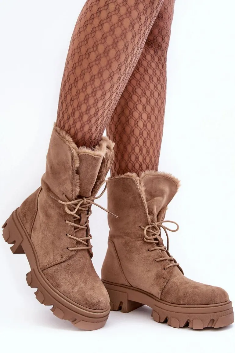 Zamszowe Sznurowane Botki Workery Z Futerkiem Ciemnobeżowe Frendo