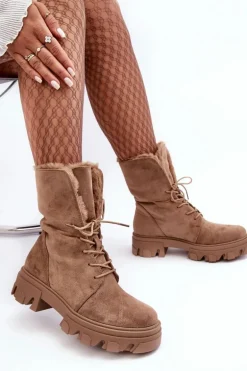 Zamszowe Sznurowane Botki Workery Z Futerkiem Ciemnobeżowe Frendo