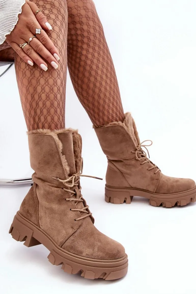 Zamszowe Sznurowane Botki Workery Z Futerkiem Ciemnobeżowe Frendo