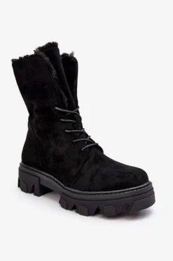 Zamszowe Sznurowane Botki Workery Z Futerkiem Czarne Frendo