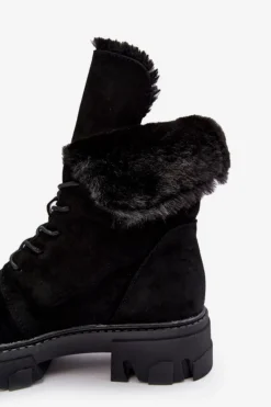 Zamszowe Sznurowane Botki Workery Z Futerkiem Czarne Frendo