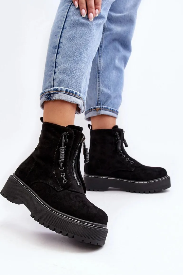 Zamszowe Trapery Botki Damskie Na Grubej Podeszwie Z Suwakiem Czarne Edivame