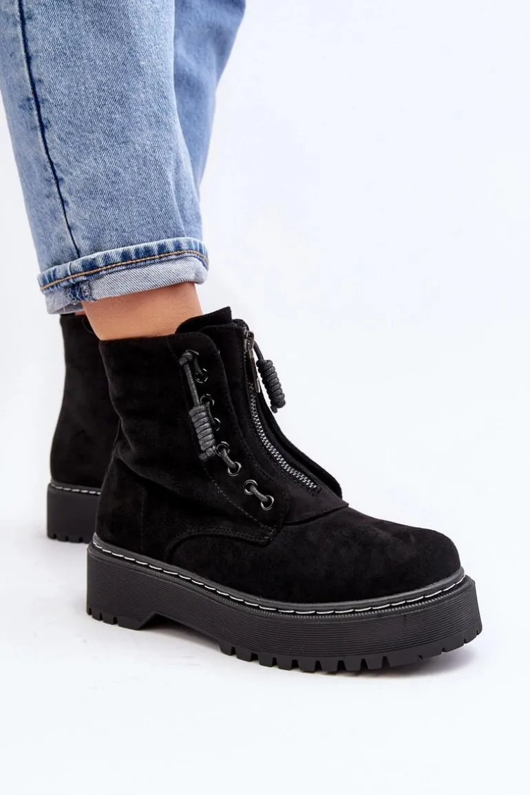 Zamszowe Trapery Botki Damskie Na Grubej Podeszwie Z Suwakiem Czarne Edivame