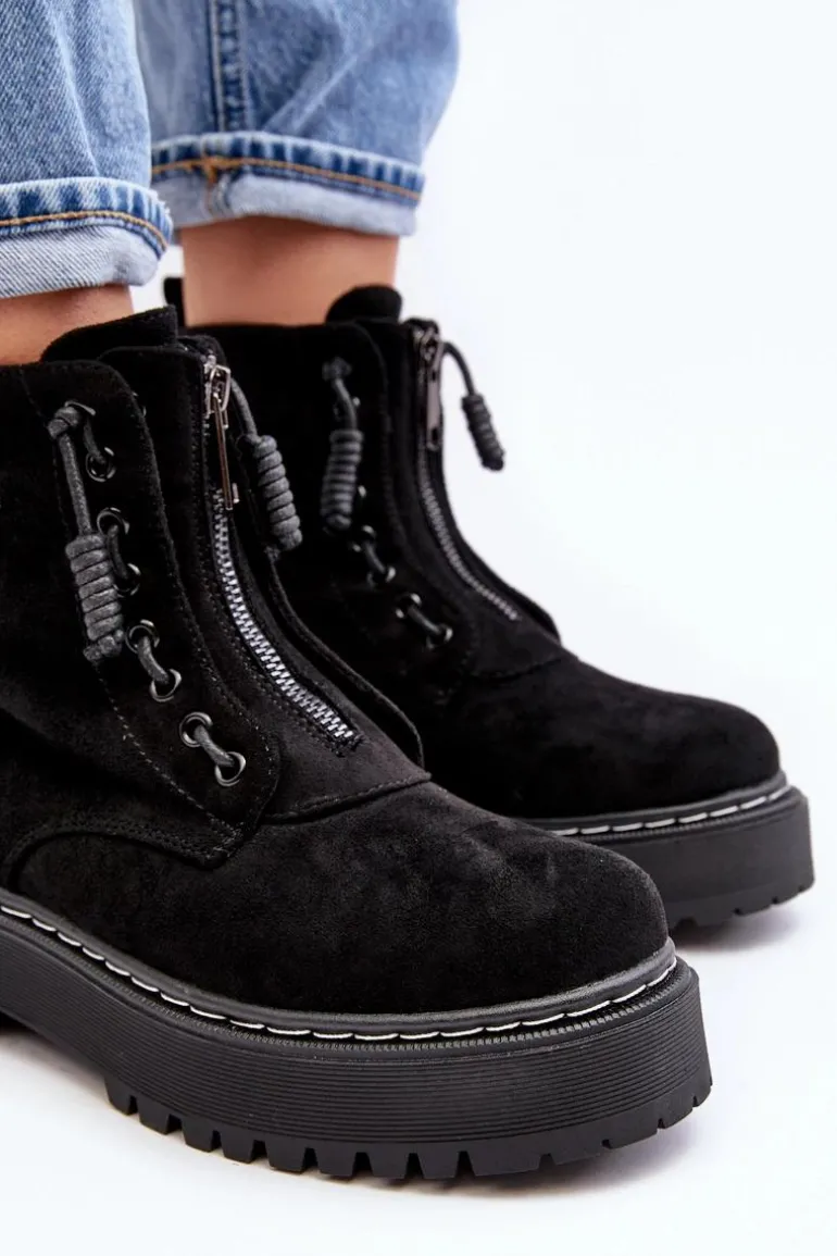 Zamszowe Trapery Botki Damskie Na Grubej Podeszwie Z Suwakiem Czarne Edivame