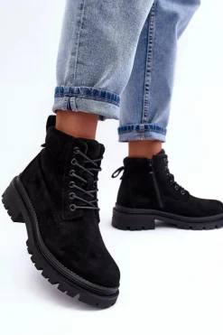 Zamszowe Trapery Botki Ocieplane Czarne Alden