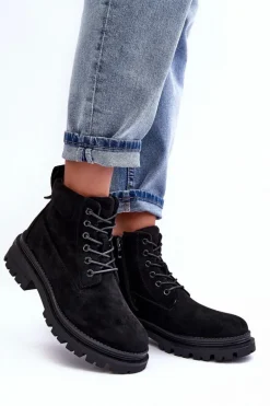 Zamszowe Trapery Botki Ocieplane Czarne Alden