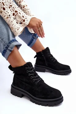 Zamszowe Trapery Botki Ocieplane Czarne Alden