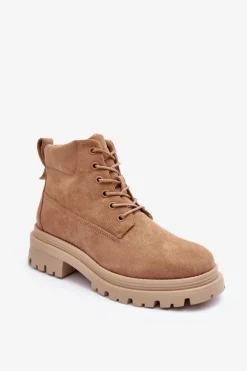 Zamszowe Trapery Botki Ocieplane Ciemnobeżowe Alden