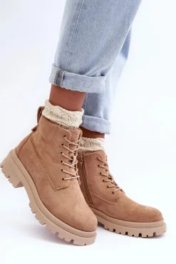 Zamszowe Trapery Botki Ocieplane Ciemnobeżowe Alden
