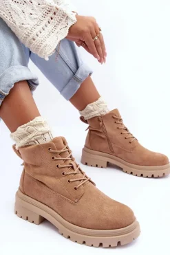 Zamszowe Trapery Botki Ocieplane Ciemnobeżowe Alden