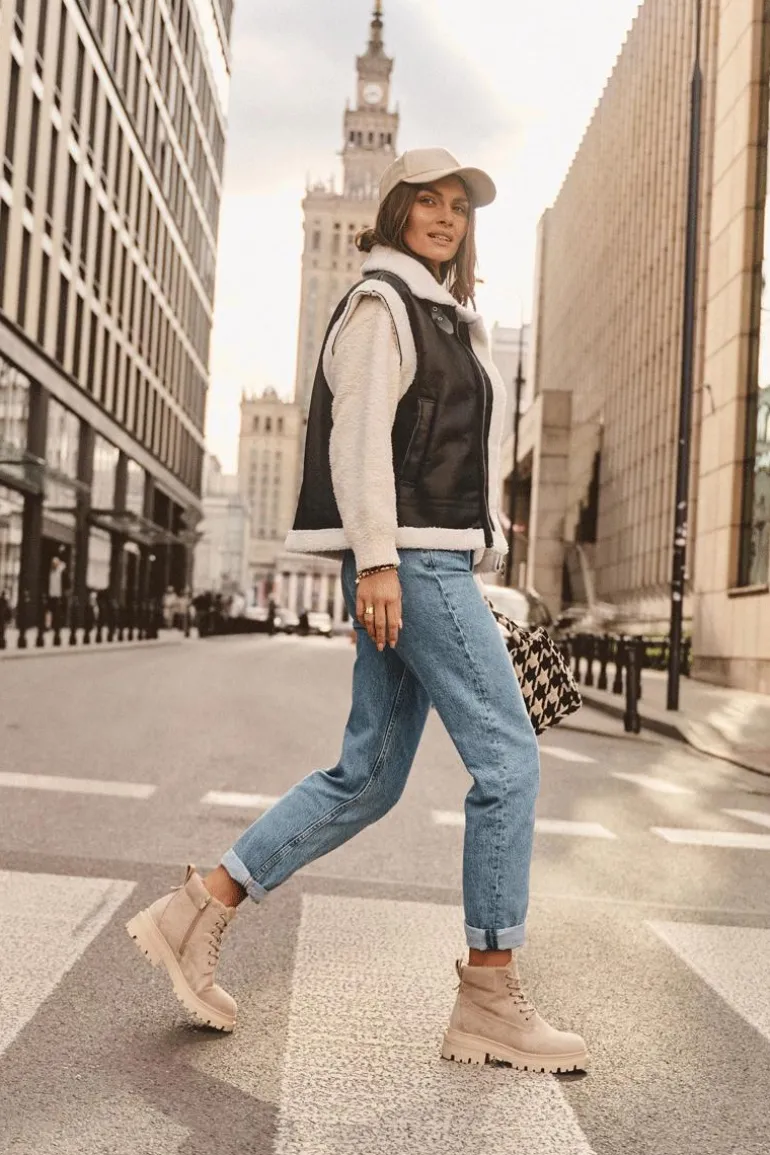 Zamszowe Trapery Botki Ocieplane Beżowe Alden